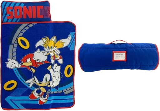 Sonic The Hedgehog 21"W X 45"L Soft Toddler Nap Mat with Pillow and Blanket Perfect for Preschool, Daycare, and Travel 100% Official Licensed Product