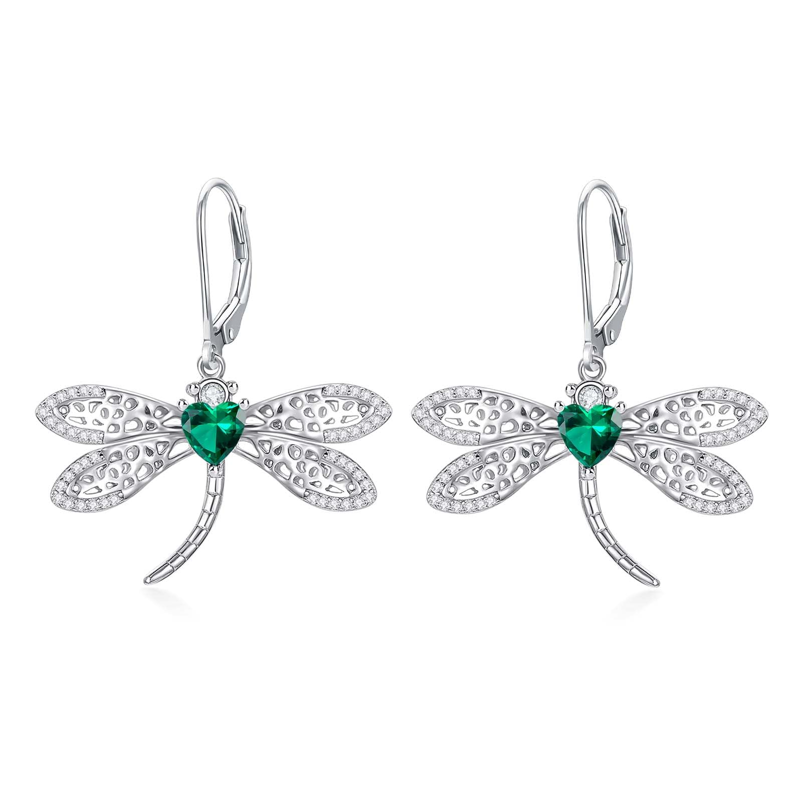 Lab Grown Emerald Earrings 925 Sterling Silver Dragonfly Drop Earrings 6.5mm*6.5mm Heart Shape Emerald Drop Earrings for Women