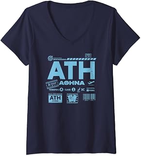 Womens Vintage Athens ATH Airport Code Travel Day Retro Travel Tag V-Neck T-Shirt