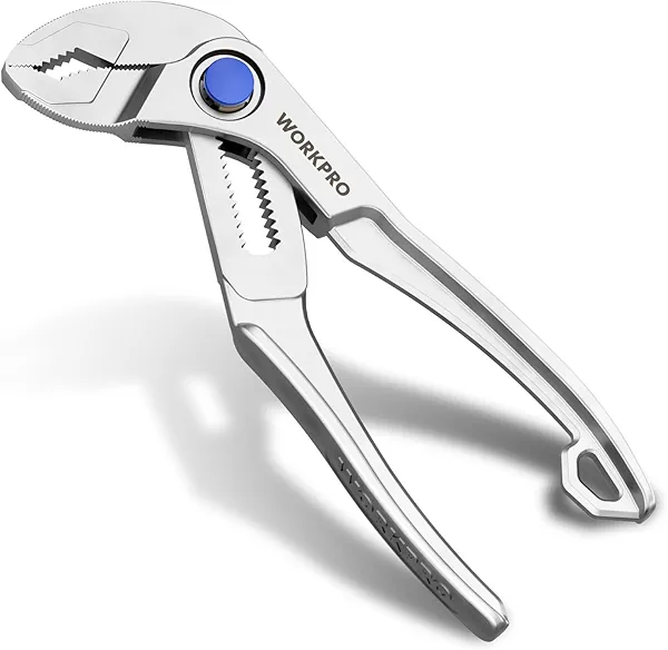 WORKPRO Mini Water Pump Pliers, 4-Inch Groove Joint Pliers, Fast Adjustable Tongue and Groove Pliers with 15-Position Push-Lock, V-Jaw for Multi-Surface Grip, Ideal for Tight Spaces and Vers