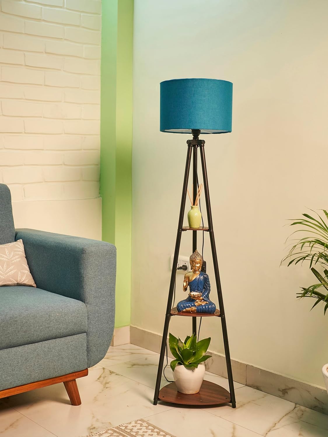 Olika FLOOR LAMP BRID ブルー Metal Floor Lamp with 3 Shelves, Royal Blue, LED Compatible, Touch