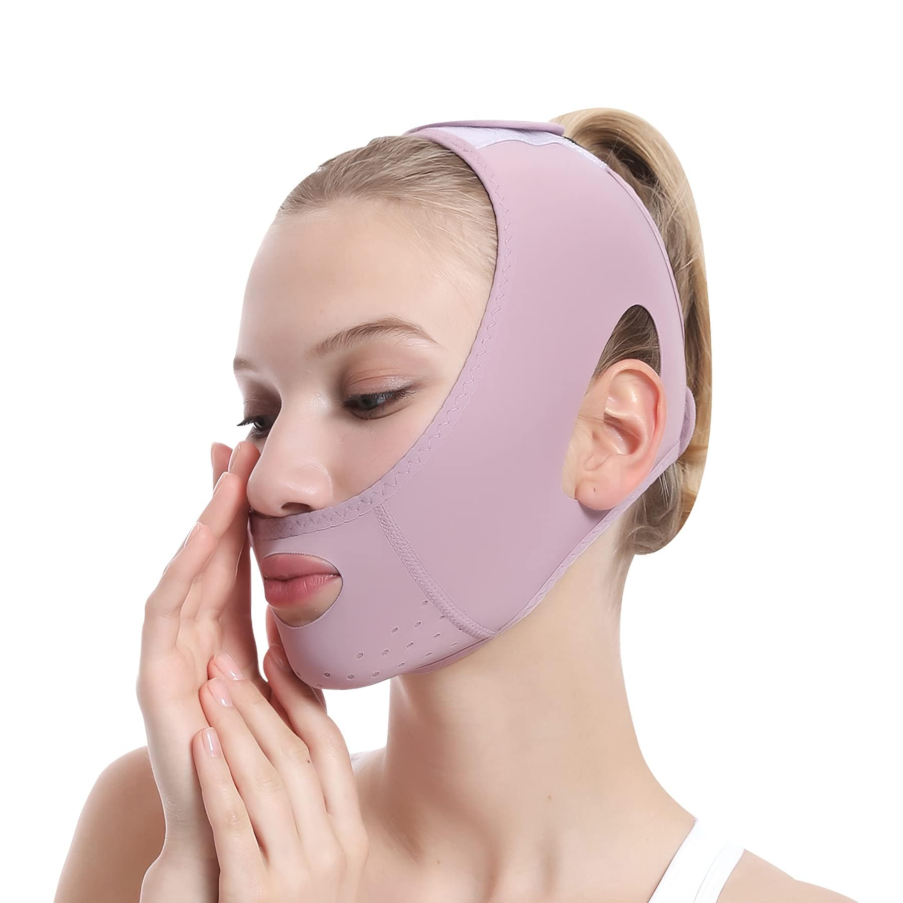 ELECDON Facial Lifting Belt, Face Lift Band Soothing & Comfy Double Chin Reducing Device with Thin Face Female Facial Shaper, Reusable Breathable and Comfortable V Line Facial Lifting Mask (Purple)