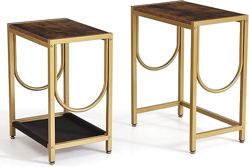 Miniatura 1 de Juego de 2 mesas auxiliares con marco de metal, mesa de noche para sala de estar, dormitorio, mesita de noche para espacios pequeños, color marrón