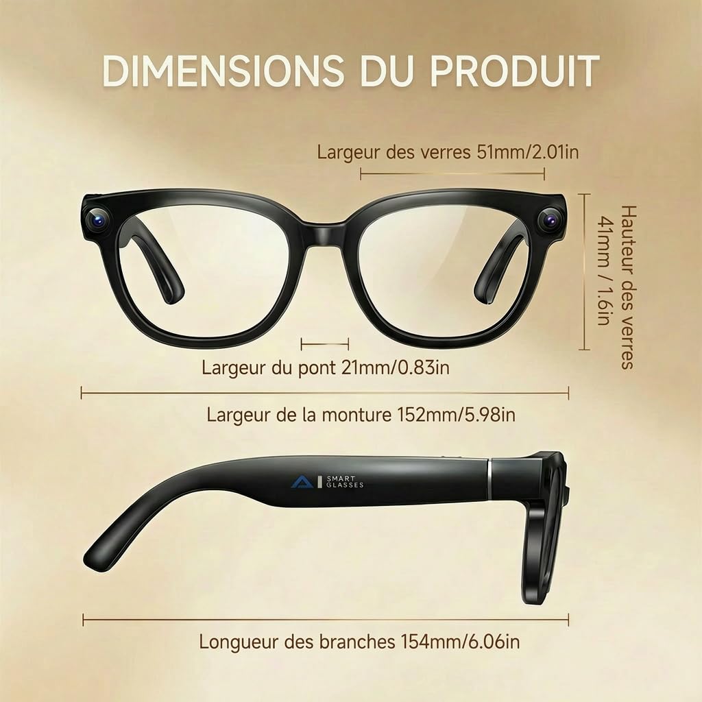 Lunette Camera HD, 13MP Lunettes Connectées IA, Verres Photochromiques à Changement de Couleur, Assistant IA pour Traduction en Temps Réel, 11 Heures d'Autonomie