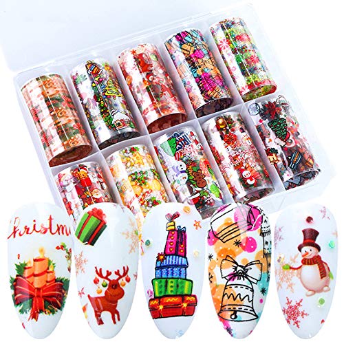 Christmas Nail Art Foil Stickers Nail Art Decals Xmas Winter Nail Supplies with Snowman Christmas Tree Snowflake Santa Claus Bell Design DIY Decorations Fingernail Toenail (10 PCS,1Box)
