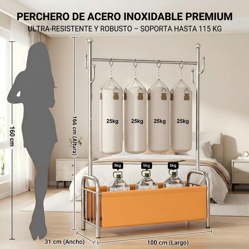 Burro Ropa Resistente de Acero Inoxidable con Cesta de Almacenaje, Perchero Burro Estable, Perchero de Pie, Barra para Ropa Robusta, 3 en 1 Tendedero y Organizador
