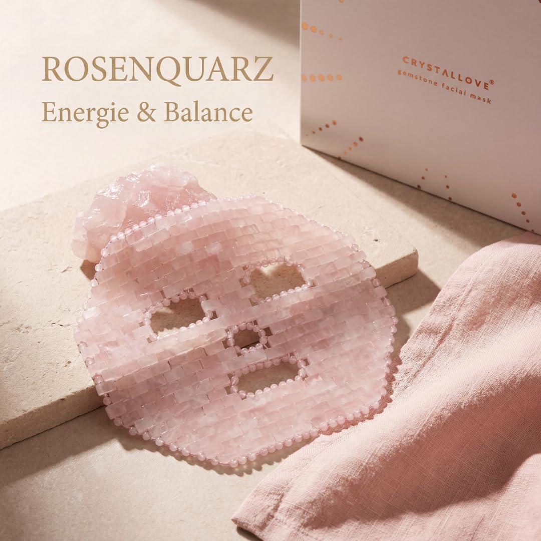 CRYSTALLOVE Rosenquarz Gesichtsmaske – Luxus Gesicht Maske aus Naturstein – kühlende Face Mask gegen Schwellungen & Augenringe – Anti Aging Massage Maske für Glow & Entspannung