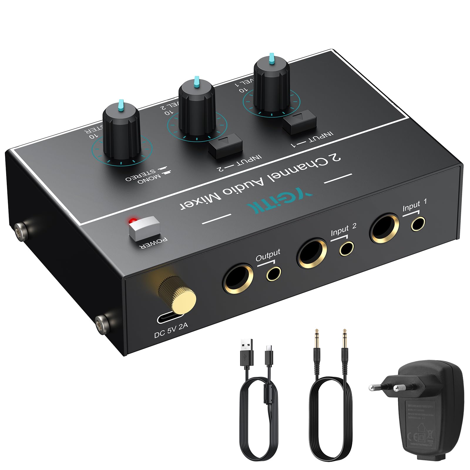 Mini Mezclador de Audio Mezclador de Línea Estéreo de 2 Canales de 6.35mm+3.5mm TSR, 4 Entradas y 1 Salida, para Guitarras, Bajo, Teclados, Micrófono Dinámico