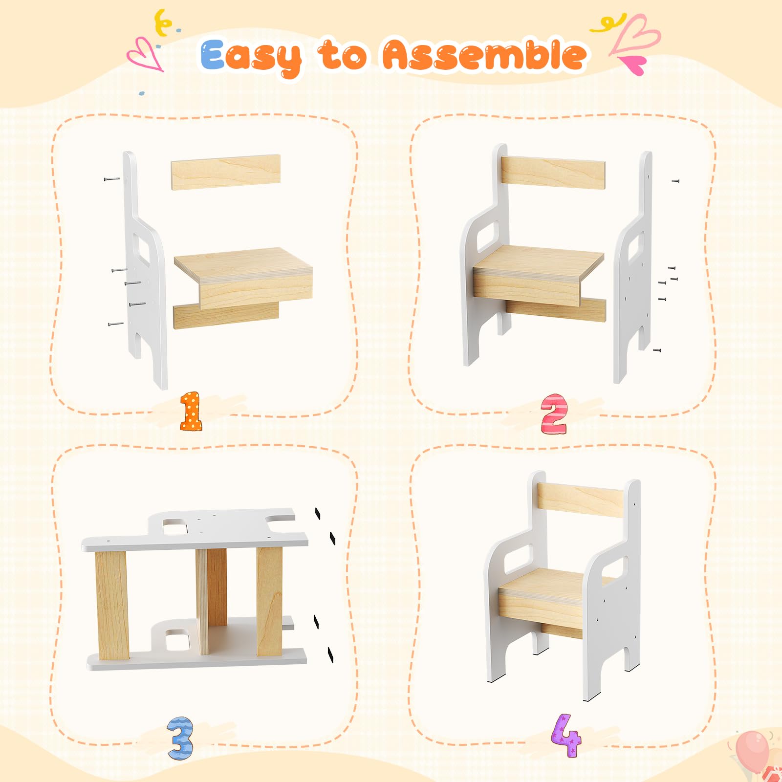 Juego Mesa y Sillas Infantil con 2 Unidades, Mesa Multifuncional con Pizarra, Mueble de Madera con Almacenamiento, Mesa Ergonómica para Estudiar Dibujar y Jugar Blanco Madera Natural