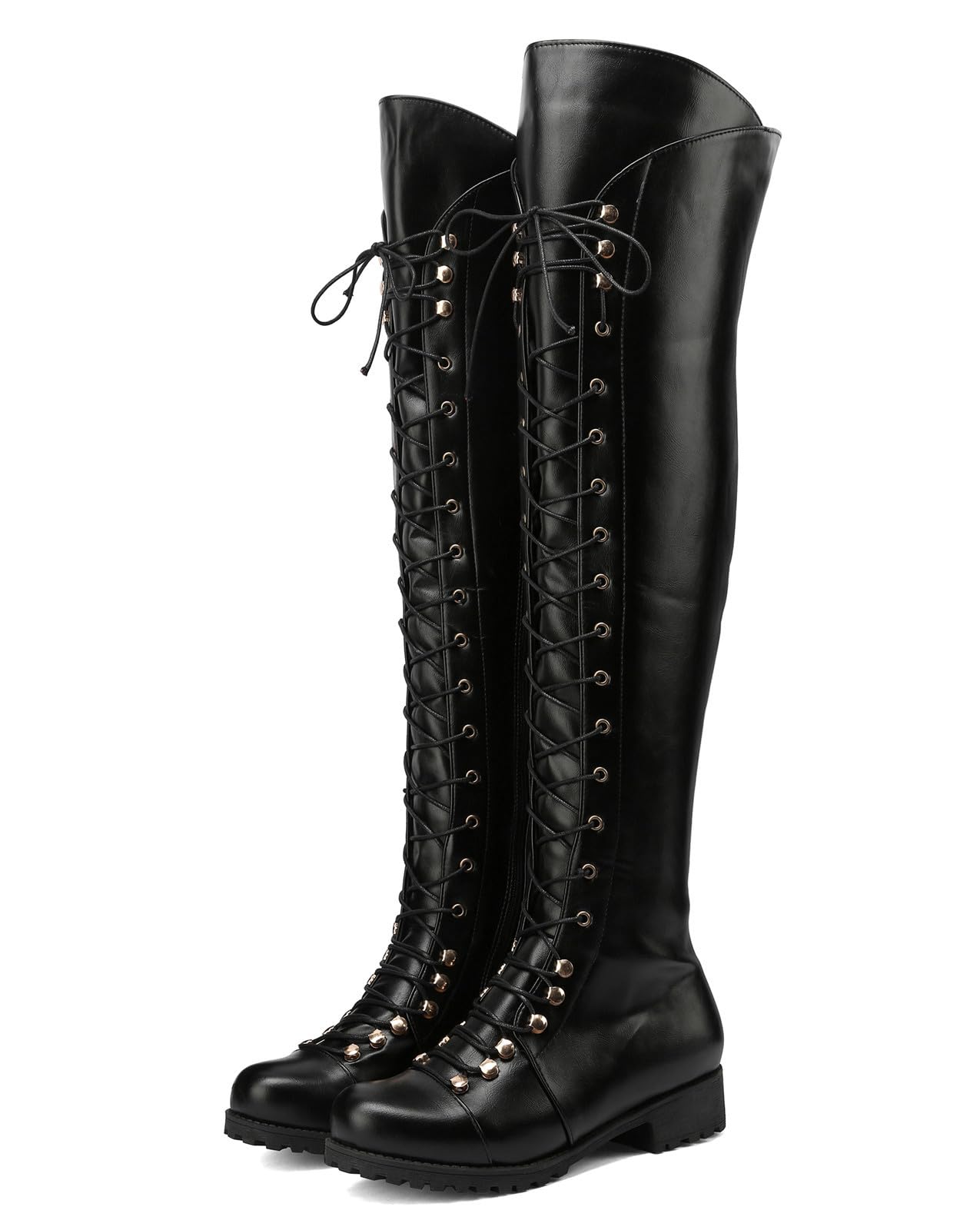 DADAWEN Womens Over The Knee Boots Square Toe Thigh High Boots with Side Zipper Lace Up Fashion Combat
