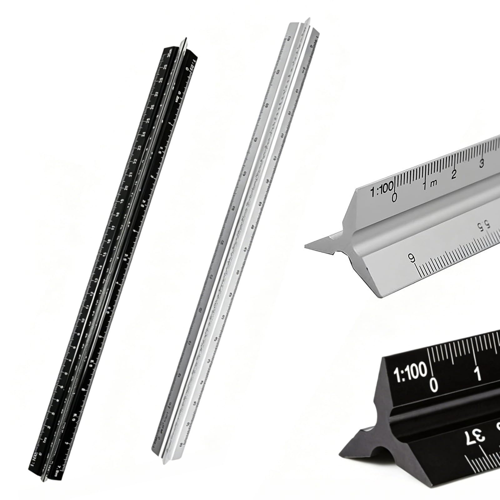Aiyraa 2Pc Architectural Scale Ruler, Aluminum Triangular Scale Ruler Metric 1:20, 1:25, 1:50, 1:75, 1:100, 1:125, 12 Inch Standard for Architects, Students, Draftsman and Engineers – Black + Silver
