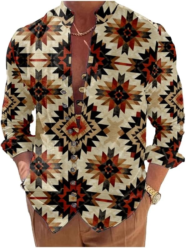 Mens Long Sleeve Button Down Shirts Aztec Printed Collar Muscle Loose Fit Fashion Cool Novelty Summer Shirt