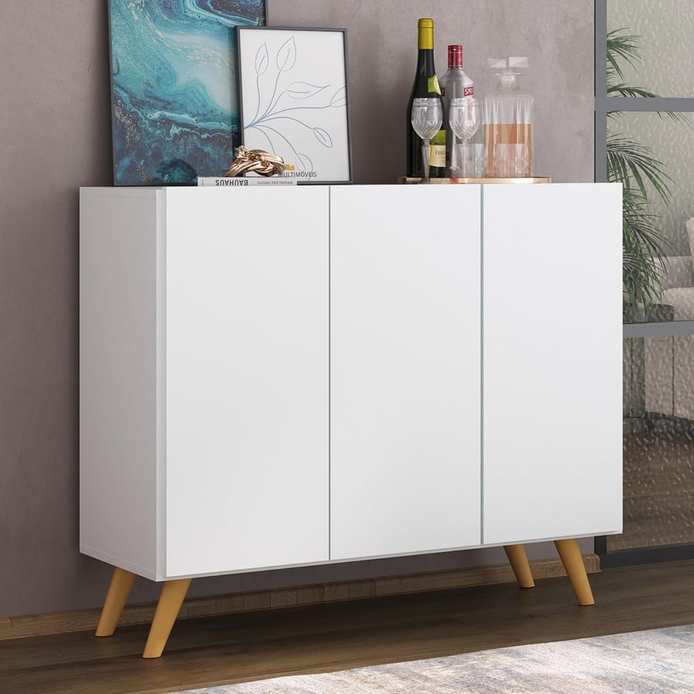APARADOR BUFET 3 Puertas Blanco Carey, Blanco/Natural, 90 x 32 x 85 cm, Aparador bufet 3 Puertas Blanco