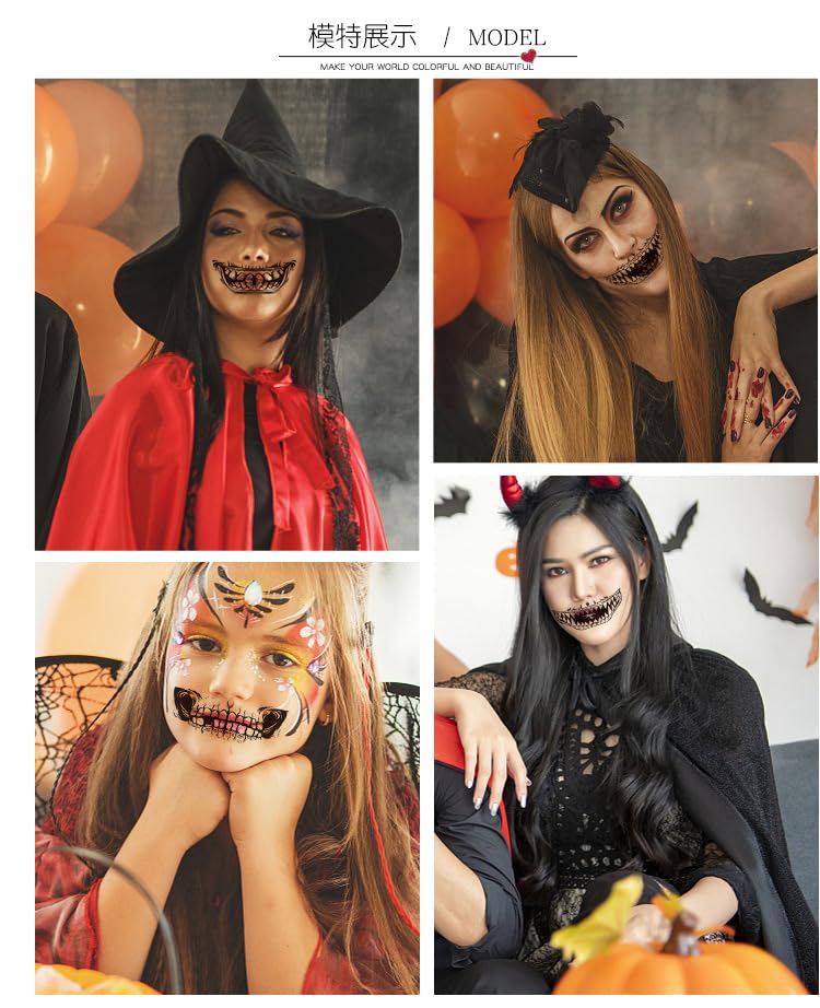 Miniatura 4 de Tatuajes de boca de calavera, tatuaje facial de azúcar del día de los muertos para mujeres, hombres y niños, disfraz de Halloween, 10 hojas