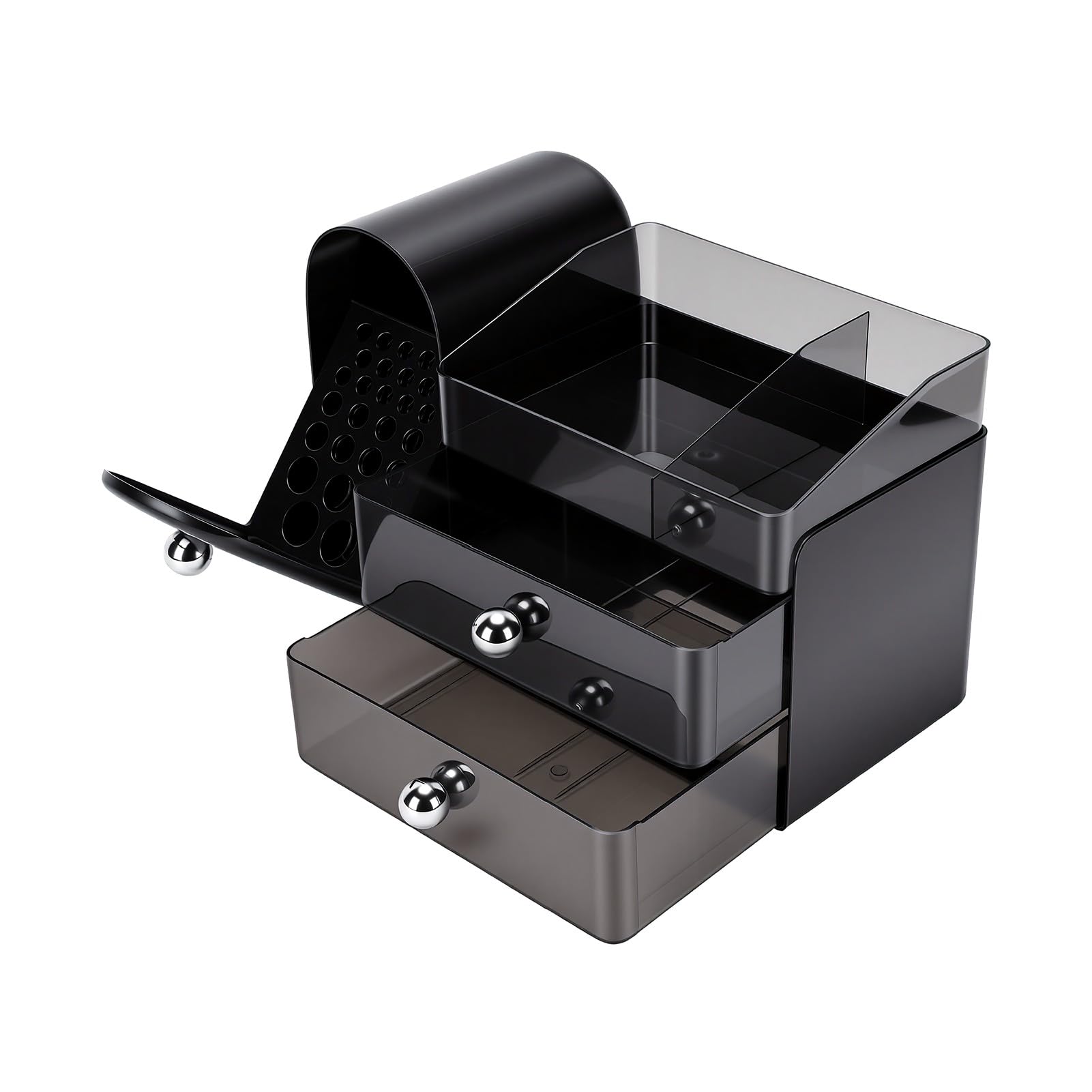 Organizador de Maquillaje de 3 Niveles, Almacenamiento de Cosméticos de Gran Capacidad con 2 Cajones Transparentes, 27 Ranuras para Cepillos, Cubierta Antipolvo, para Tocador, (BLACK)