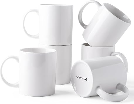 GBhome White Coffee Mugs Set of 6, 12 oz Ceramic Coffee Cups