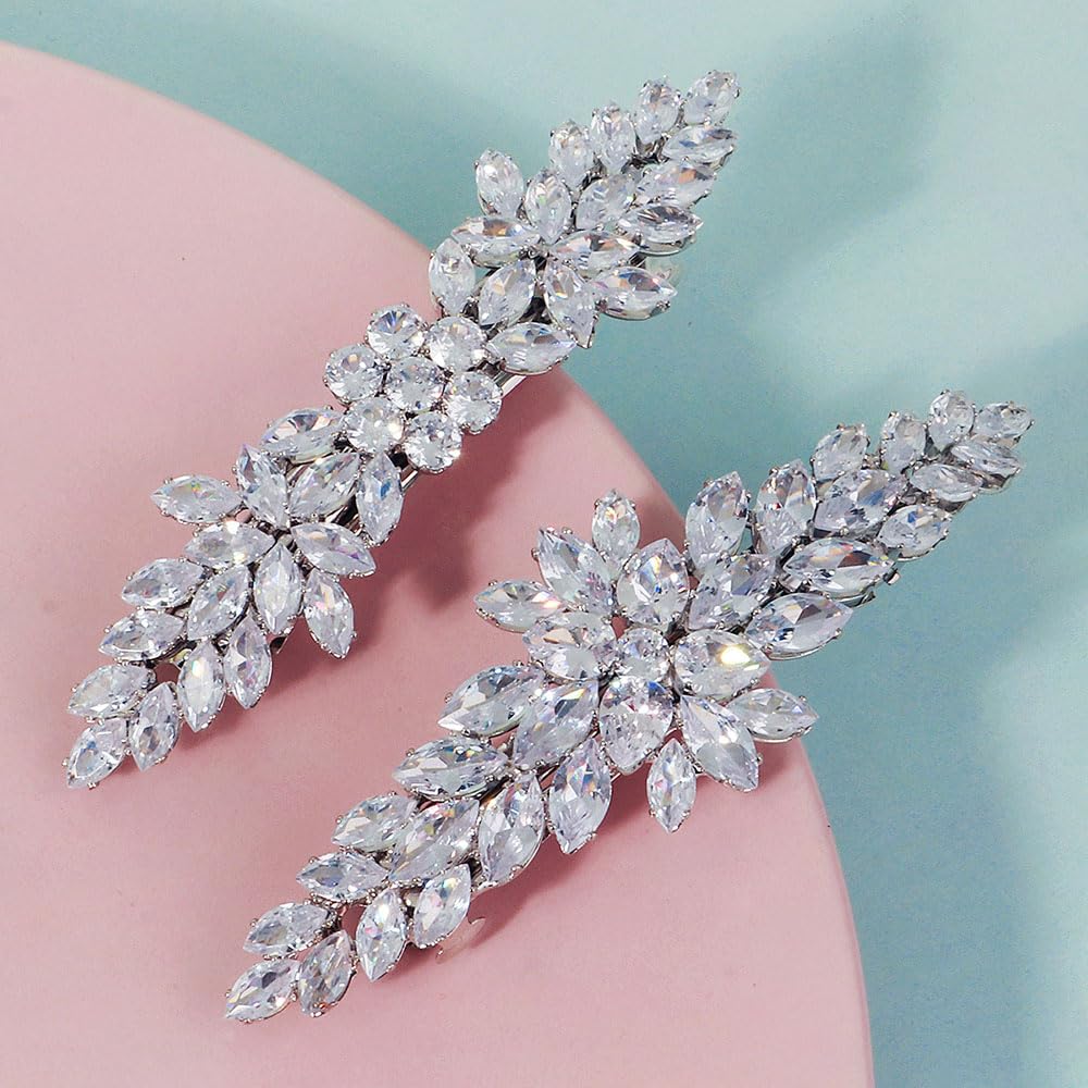 Missgrace Silver Gold Plated Zircon Braided Hair Clips Rhinestone Elegant Wedding Hair Pins Crystal Barrette Leaf Flower Bobby Pins Sparkly Fancy Hair Accessories for Women Brides Bridesmaids