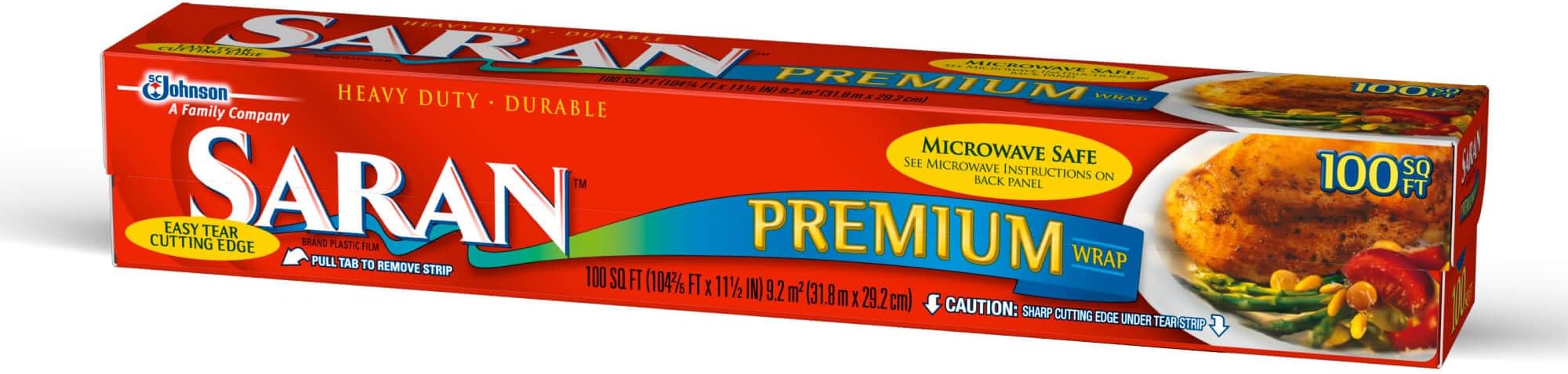 Saran Premium Plastic Wrap, Food Storage, Easy Dispense, 100 Sq Ft Roll
