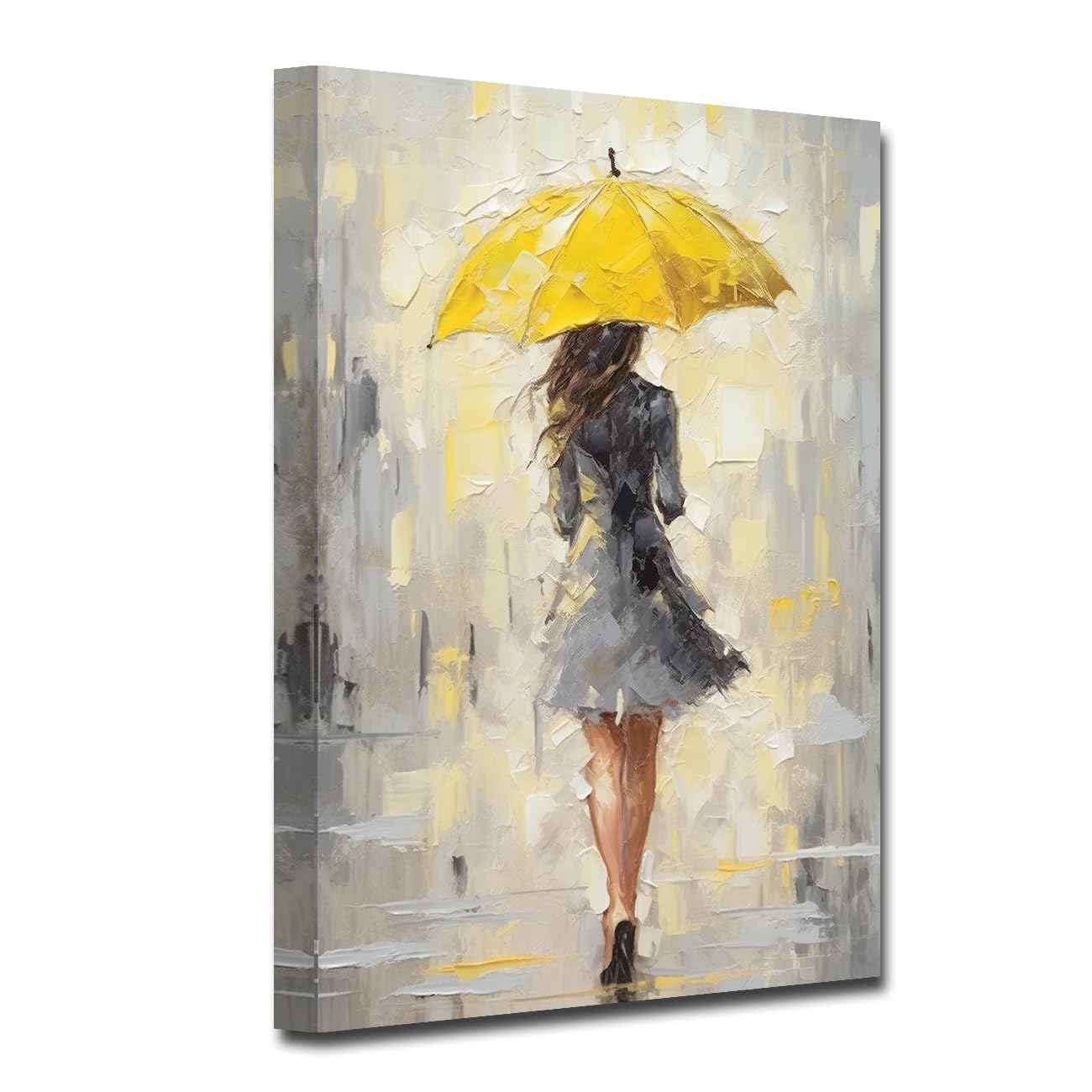 LZIMU Abstract Women Wall Art Fashion Sexy Girl Walking Down the Street with Umbrella Painting Prints Abstract Street Scene Rainy Canvas Framed (Yellow, 16.00"x24.00")