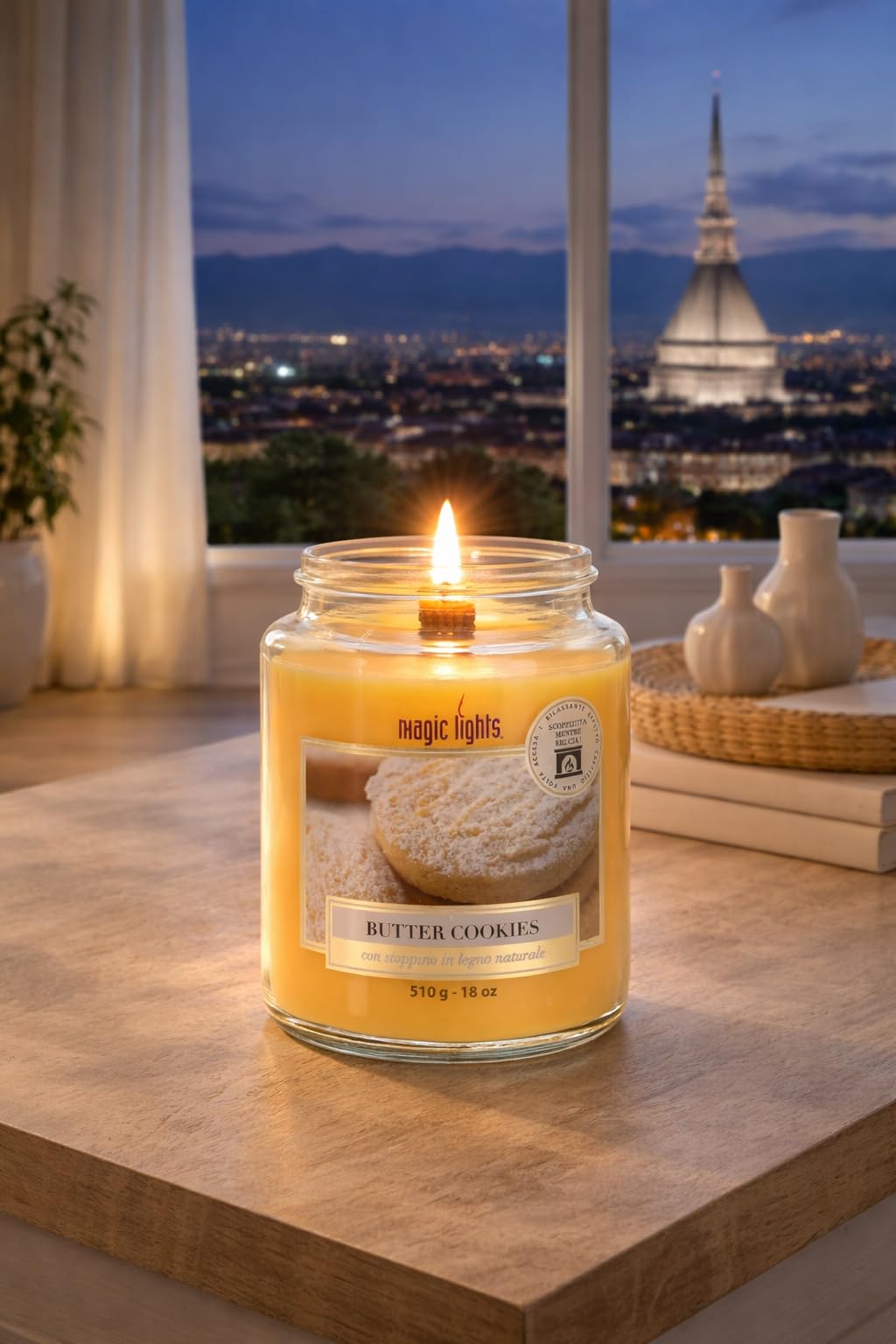 Świeca do słoika 510 gr waniliowy Butter Cockies z naturalnym drewnem, Made in Italy