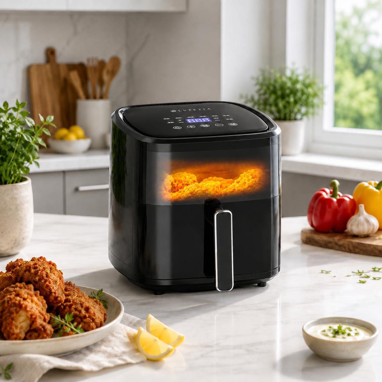 Air Fryer LVTETIA BW-3021D, Freidora sin aceite capacidad 5L con ventana, 1350W, función de vapor
