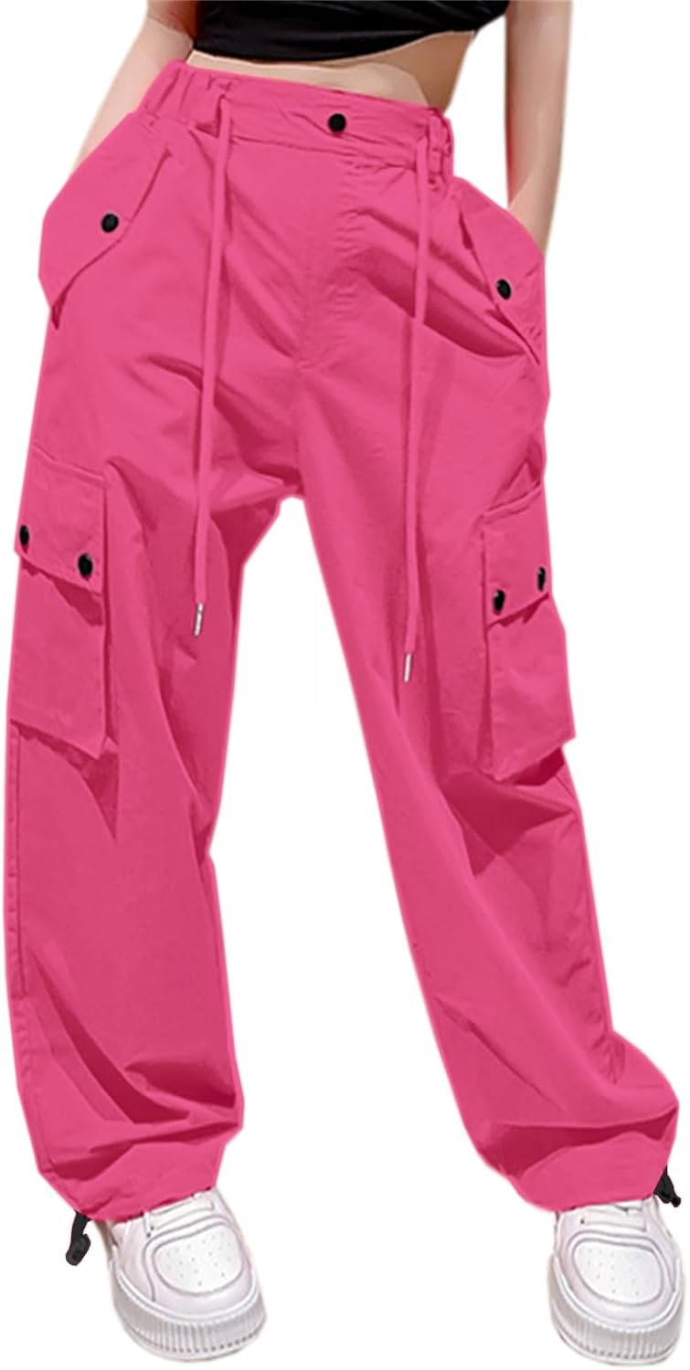 Cromoncent Girls&Womens High Waist Parachute Pants Y2K Cargo Trousers with Pockets 6 Years-Women 2XL Cromoncent Girls&Womens High Waist Parachute Pants Y2K Cargo Trousers with Pockets 6 Years-Women 2XL