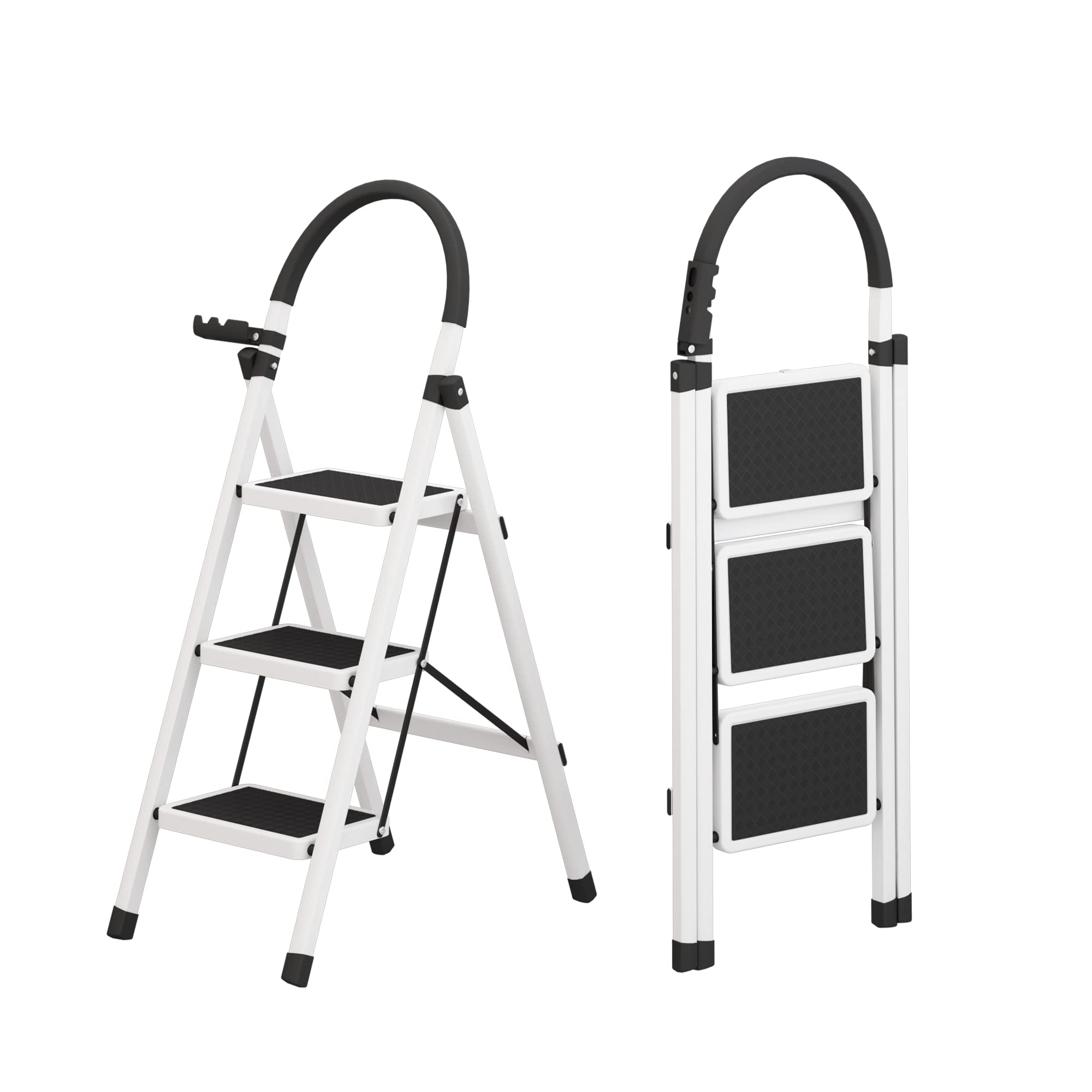 JOISCOPE 3 Step Ladder , Folding Step Stool with Anti-Slip Wide Pedal, Sturdy Steel Ladder, 150 lbs Portable Ladder with Handrail , Safe and Lightweight Step Stool for Home and Kitchen, White