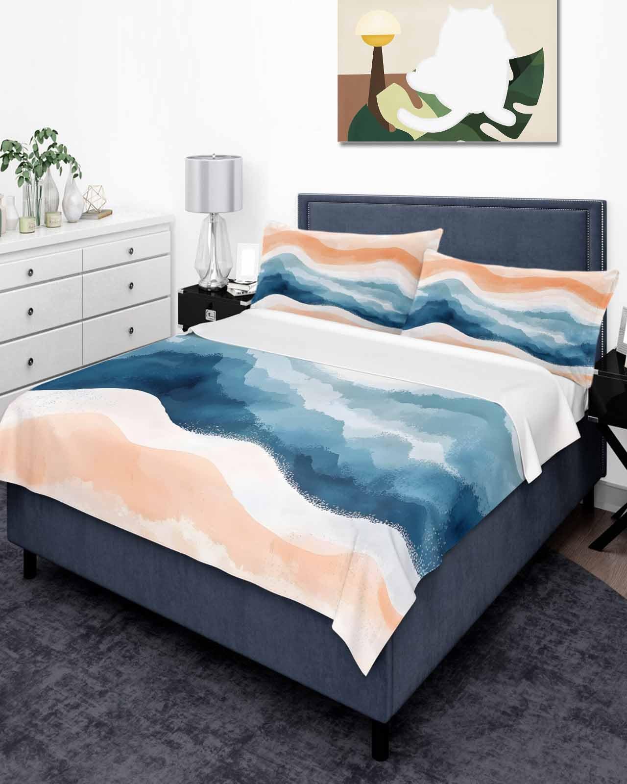 Twin XL Top Sheet Bedding Flat Sheet Only, Summer Seaside Gradient Waves Soft Microfiber Bed Sheets Hotel Luxury, Abstract Spray Breathable Top Sheets Easy Care
