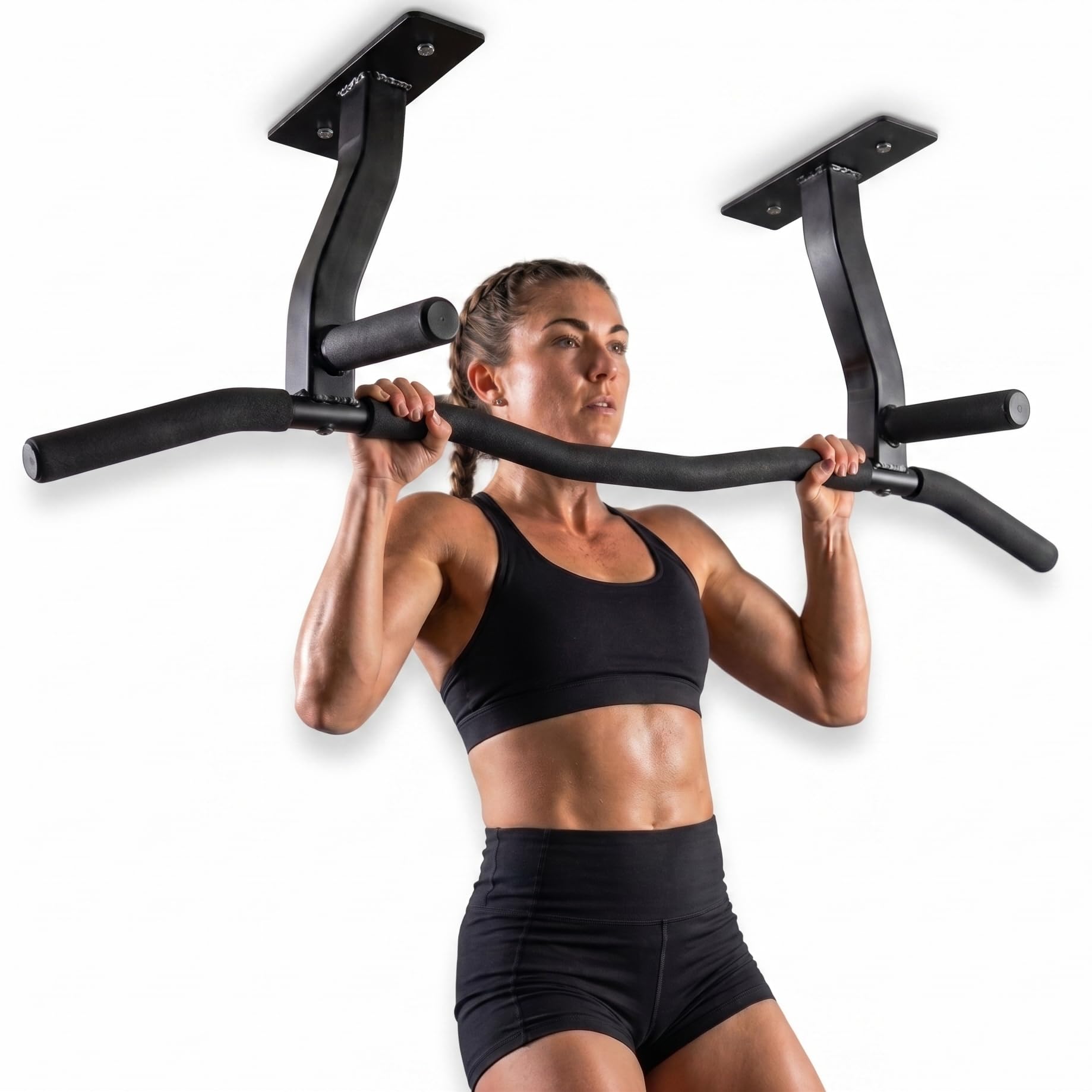 Ceiling Mount Pull Up Bar with Reversible Risers for 16 and 24 Inch Joists with Optimum Grip Spacing by Ultimate Body Press