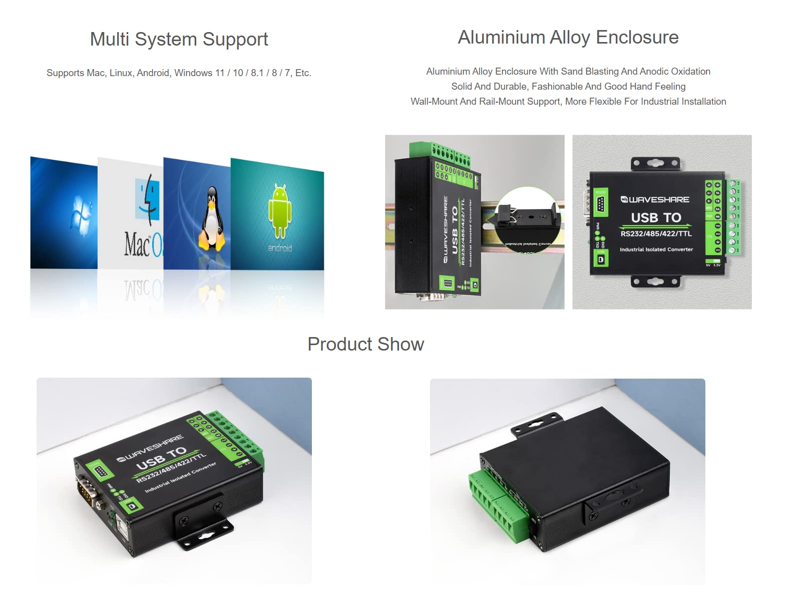 Waveshare USB to RS232/485/422/TTL Interface Converter Industrial Grade Isolated USB Converter with Original FT232RNL Chip,300bps ~ 3Mbps Baud Rate,Stable Transmission,Multiple Devices Applicable