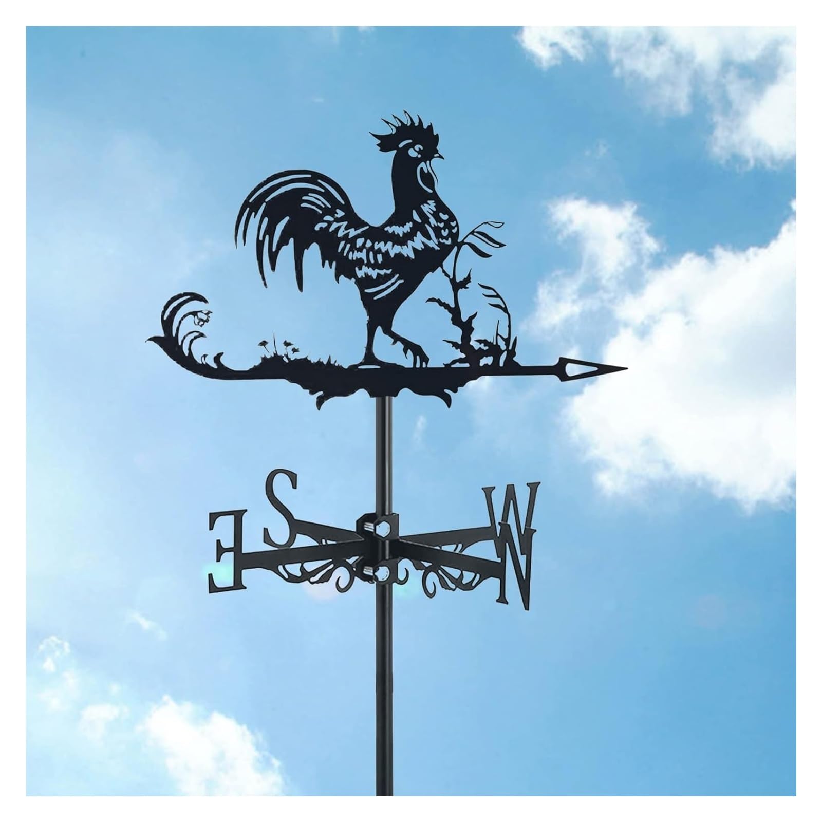 TAXXII Farmhouse Chickens Weather Vane Metal Weathervane Outdoor Roof Mount, Stainless Rooster Cockerel Decor Measuring Tools, Wind Direction Indicator for Yard Garden Architecture(Rooste