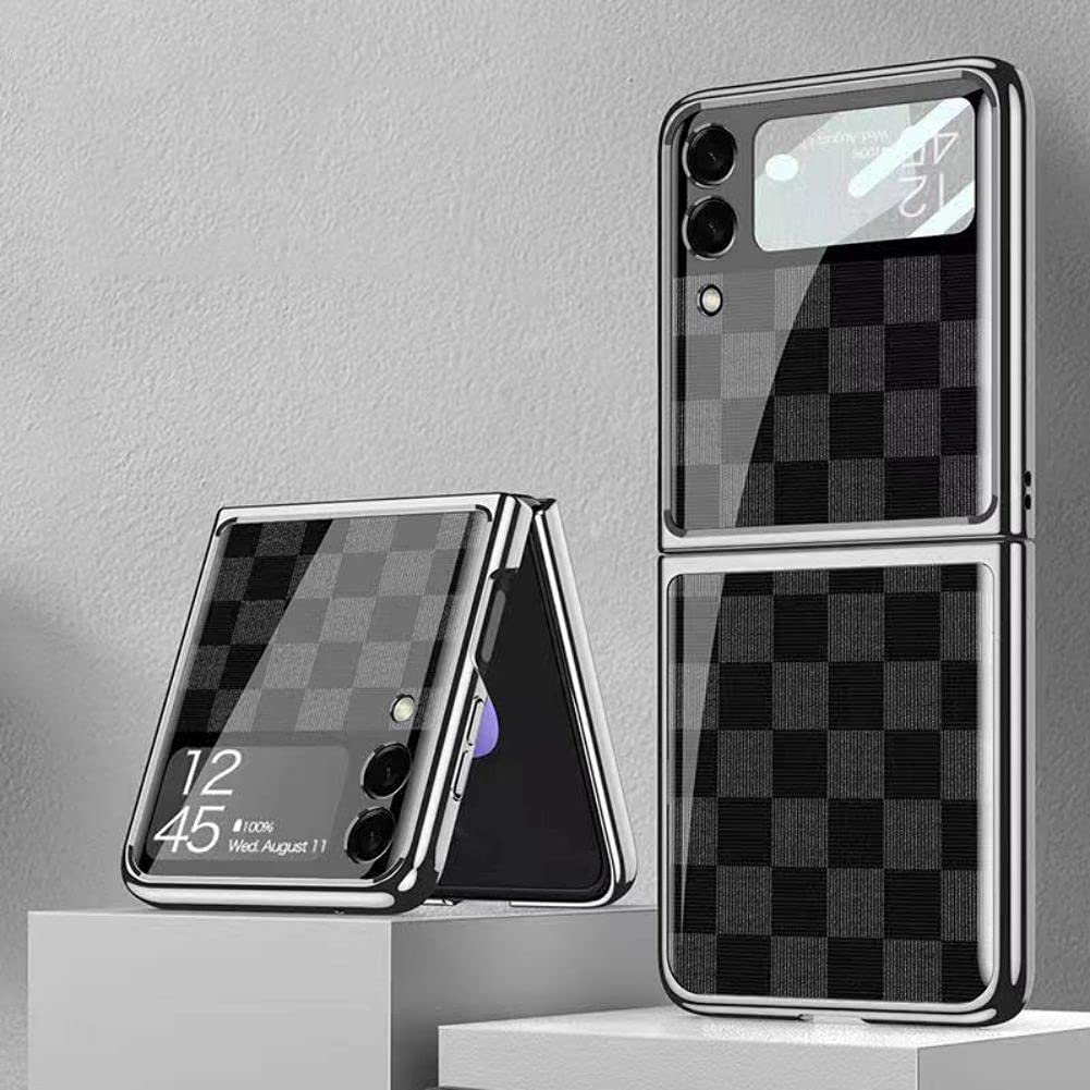 SHIEIDSamsung Z Flip 3 Case, Z Flip 3 Case Ultra-Thin Tempered Glass Phone Case Protective Cover for Samsung Galaxy Z Flip 3 5G Fashion Electroplated PC Back Cover, Chess Grey