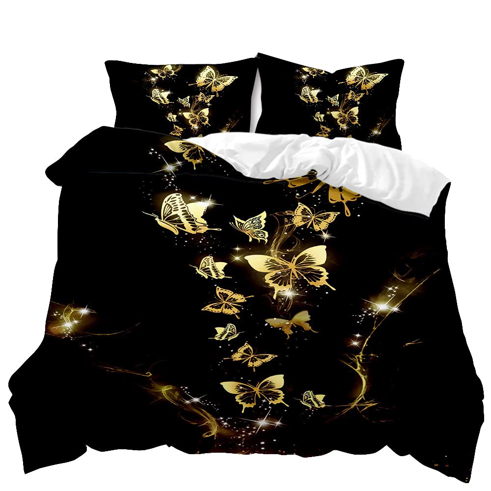 Meiju-Shop Men's Bling Bling Meiju Duvet Cover Set 3 Piece For Single Double Super King Size Bed, 3D Golden Butterfly Printed Bedding Set Microfibre Bed Set With Quilt Case And Pillowcases 50X75cm (,260X230cm)