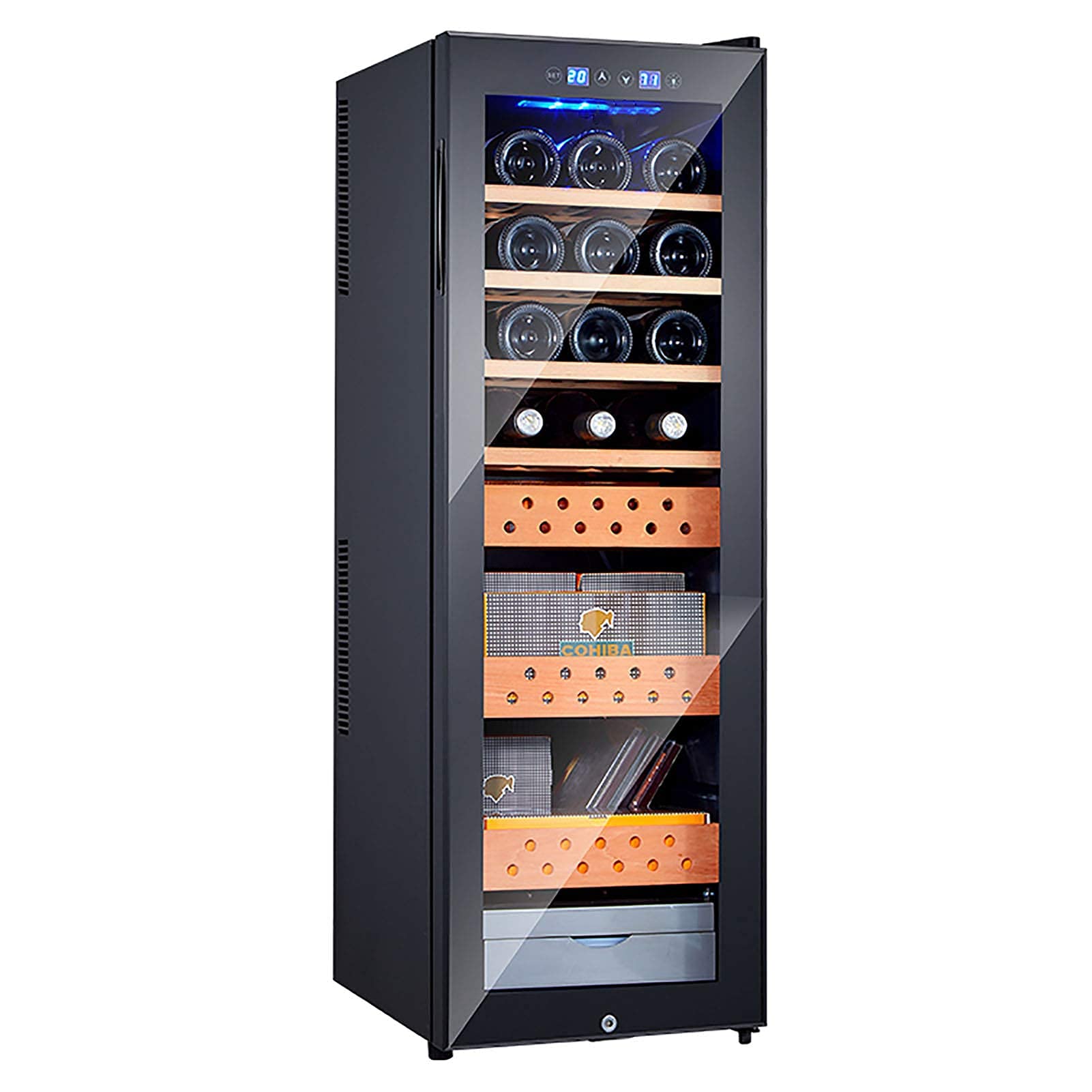 Zigarren-Humidor, Zigarren-Humidor, elektronischer Zigarrenkühler, Humidor, Zigarrenschrank + Weinschrank, Kapazität 300 Zigarren mit spanischen Zedernholzregalen, neues Touchscreen-Design
