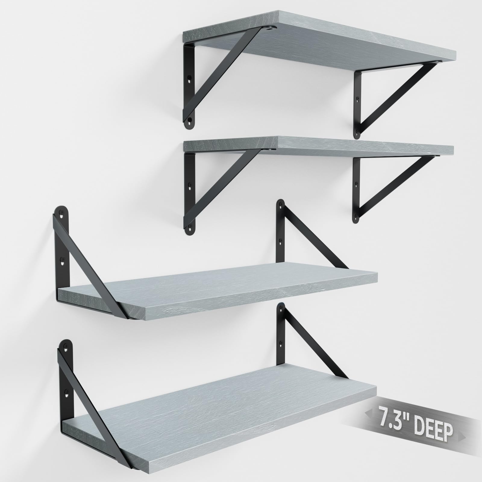 COCOYA Wall Shelves 7.3" Deep Solid Paulownia Wood (Grey, Set of 4) | 15mm Thick, Wider & Longer & Stronger, Easy to Install, Floating Shelf for Room Wall, Bedroom, Office, Decor & Storage