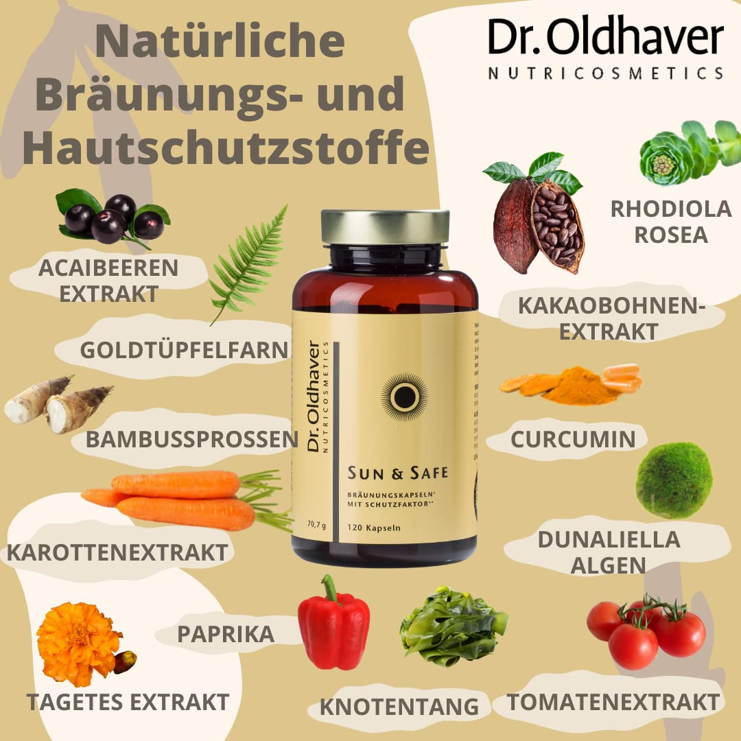 Dr. Oldhaver Sun & Safe Bräunungskapseln Beta-Carotin Tabletten mit UV-Schutz, Kapseln für natürlich braunen Teint, 120 Kapseln
