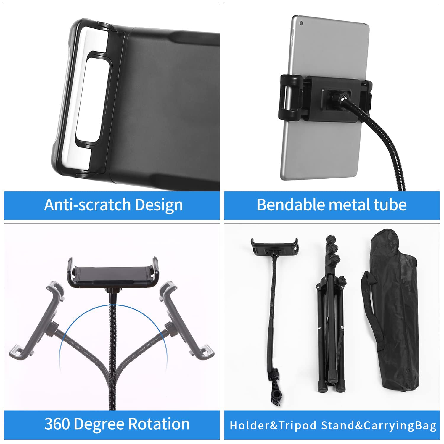 Soporte de Trípode para iPad de 63 pulgadas, Soporte de Piso para Tableta con Cuello de Cisne, Soportes con Rotación de 360° Ajustable para iPhone, iPad Mini Pro Air, Mayoría de Teléfonos y Tabletas