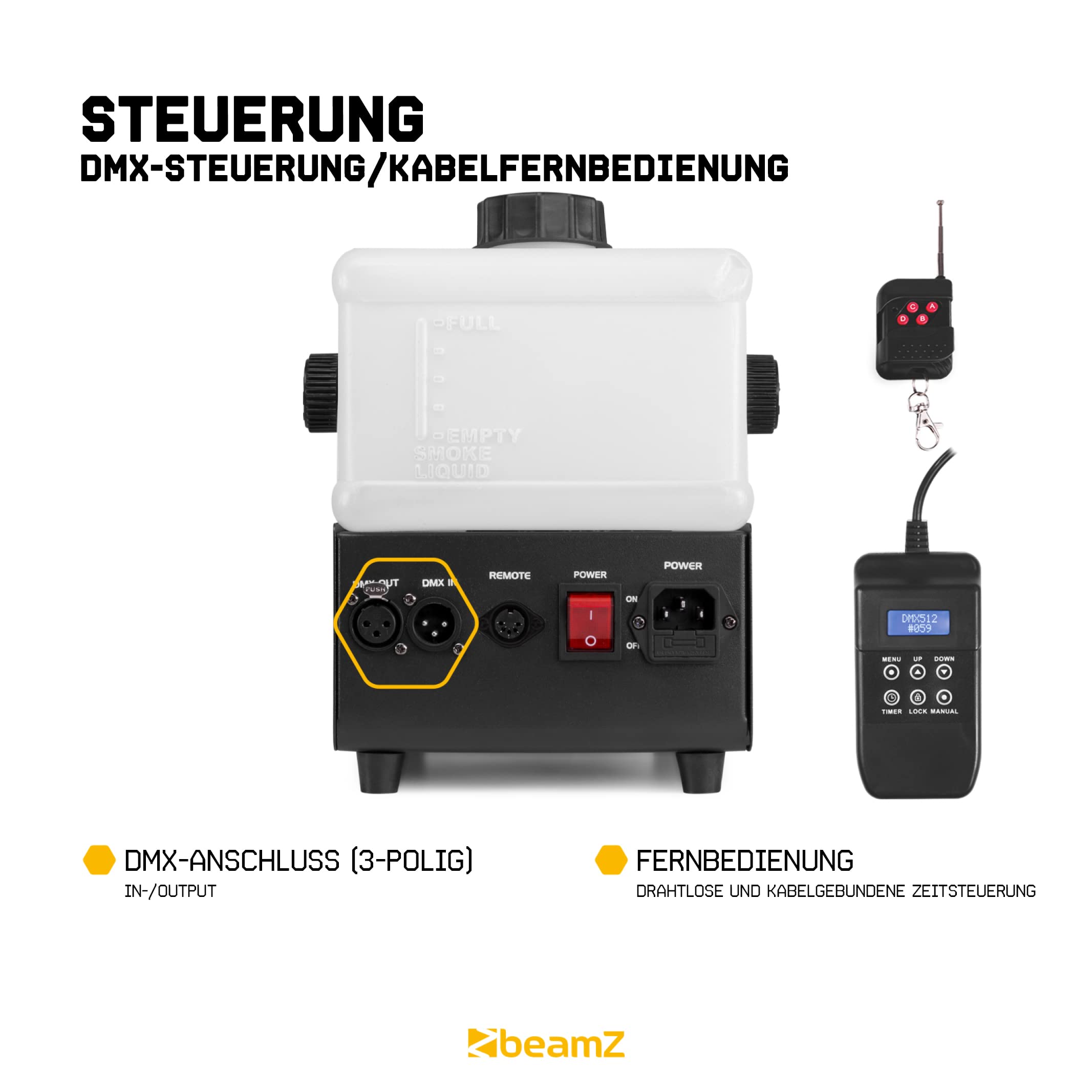 BeamZ RAGE1000LED Nebelmaschine DMX, 1000 Watt Fogger mit Fernbedienung, DMX Rauchmaschine mit Lichteffekt, Intervall Timer Fog Machine, Smoke Machine mit 2 Liter Tank, Partynebel