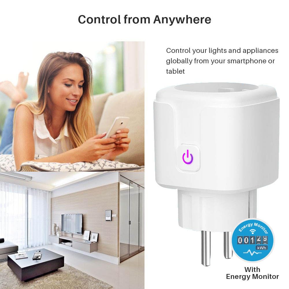 Presa connessa WiFi 20 A-Smart Plug contatore di energia, compatibile con Alexa, Google Home, Tuya, monitoraggio del consumo di energia e protezione da sovratensione, controllo dell'app Smart Life-240