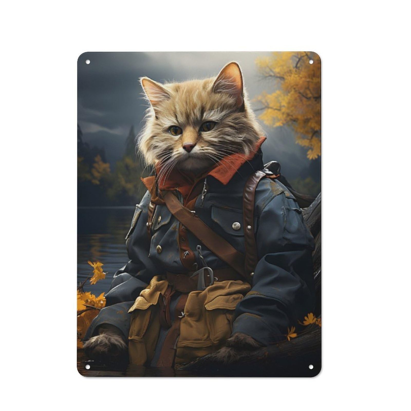 Tin Wall Plaque 40x30cm with Cat Fisherman on A Lake for Kitchen Or Home Bar, for Metal Sign Collectors, for Cafés, Pubs And Restaurants