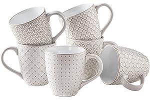 DOWAN Coffee Mugs, 6-Pack Embossed Stoneware Tea Cups