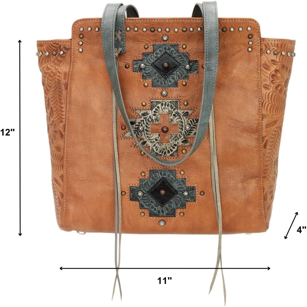 American West Hand Tooled Handcrafted 100% Genuine Leather Zip-Top Tote Purse for Women Navajo Soul Collection Western