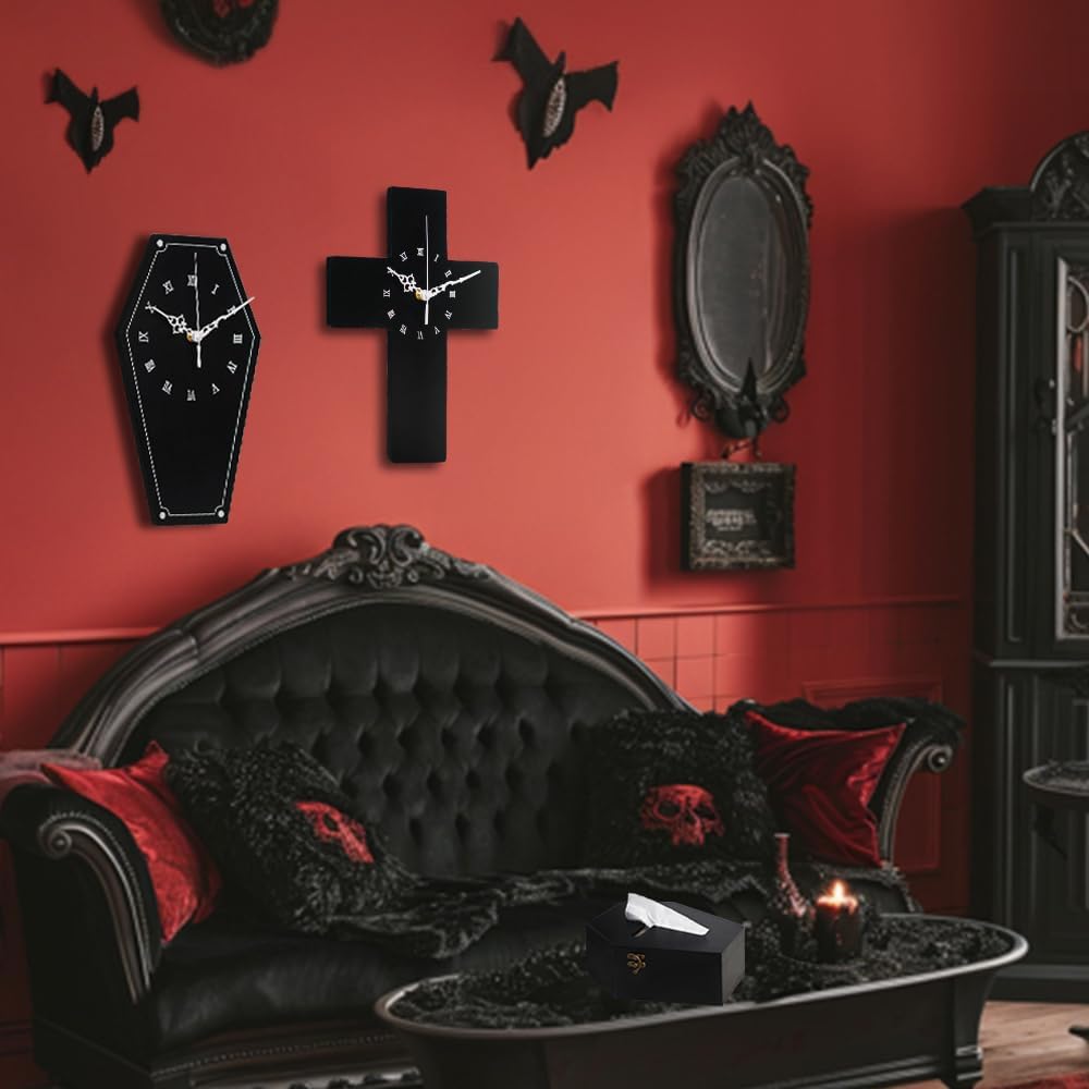 Gothic Coffin Wall Clock - Silent Non-Ticking Spooky Dark Aesthetic Decor, Wooden Black Wall Hanging for Living Room Bedroom Office