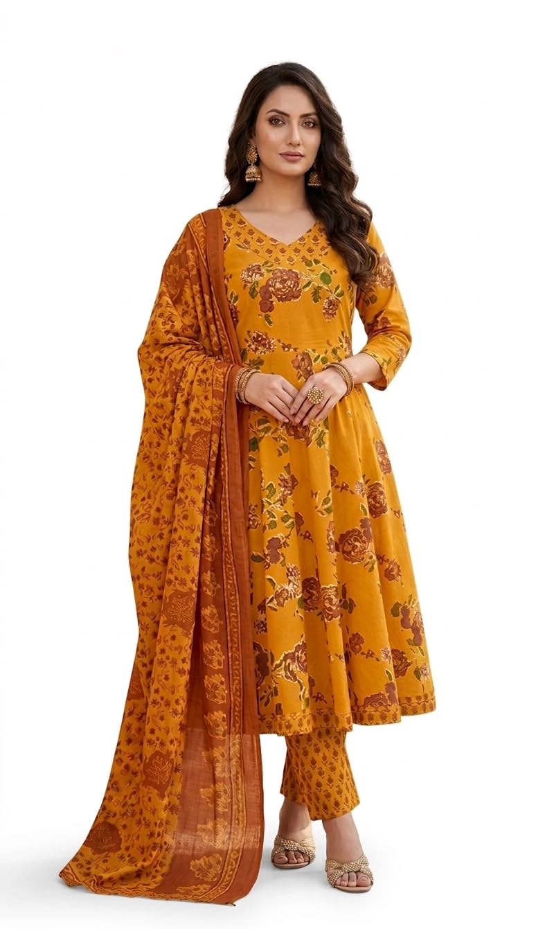 Floral Printed Pure Cotton Anarkali Gown with Pant and Dupatta Set, Mustard Yellow, Stitched-image-22