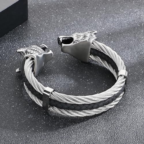 Men's Viking Wolf Head Bracelet 316 Stainless Steel Leather Open Cuff Tribal Retro Wolf Twisted Cable Cuff Bangle Vintage Gothic3