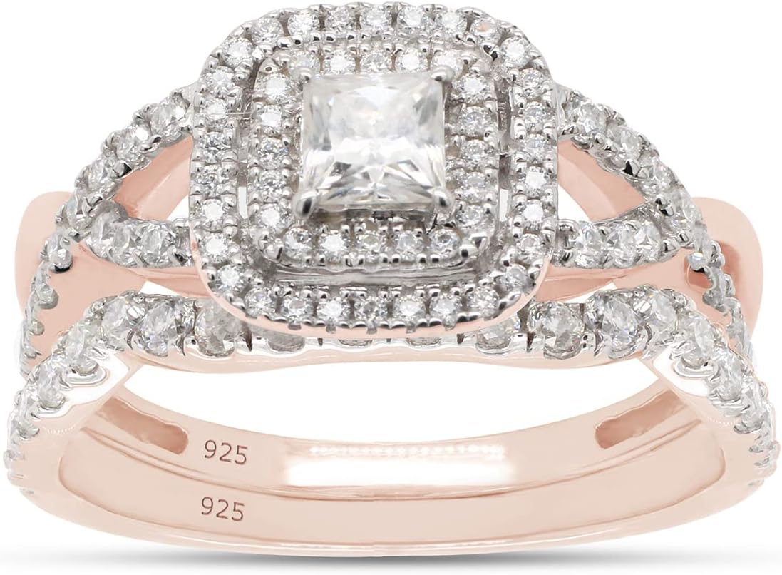 0.90 Carat Princess & Round Cut Lab Created Moissanite Diamond Infinity Double Halo Engagement Bridal Ring Set In 14K Gold Over Sterling Silver