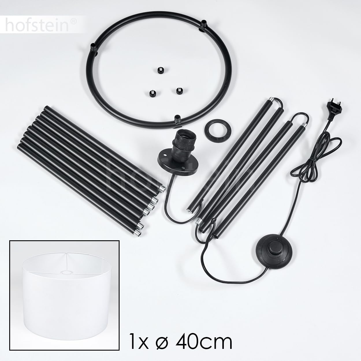 Stehleuchte Bassagoda, Stehlampe aus Metall/Stoff in Schwarz/Weiß, Leuchte im modernen Design mit rundem Schirm (Ø 40 cm) u. Fußschalter, Höhe 152 cm, 1 x E27, ohne Leuchtmittel