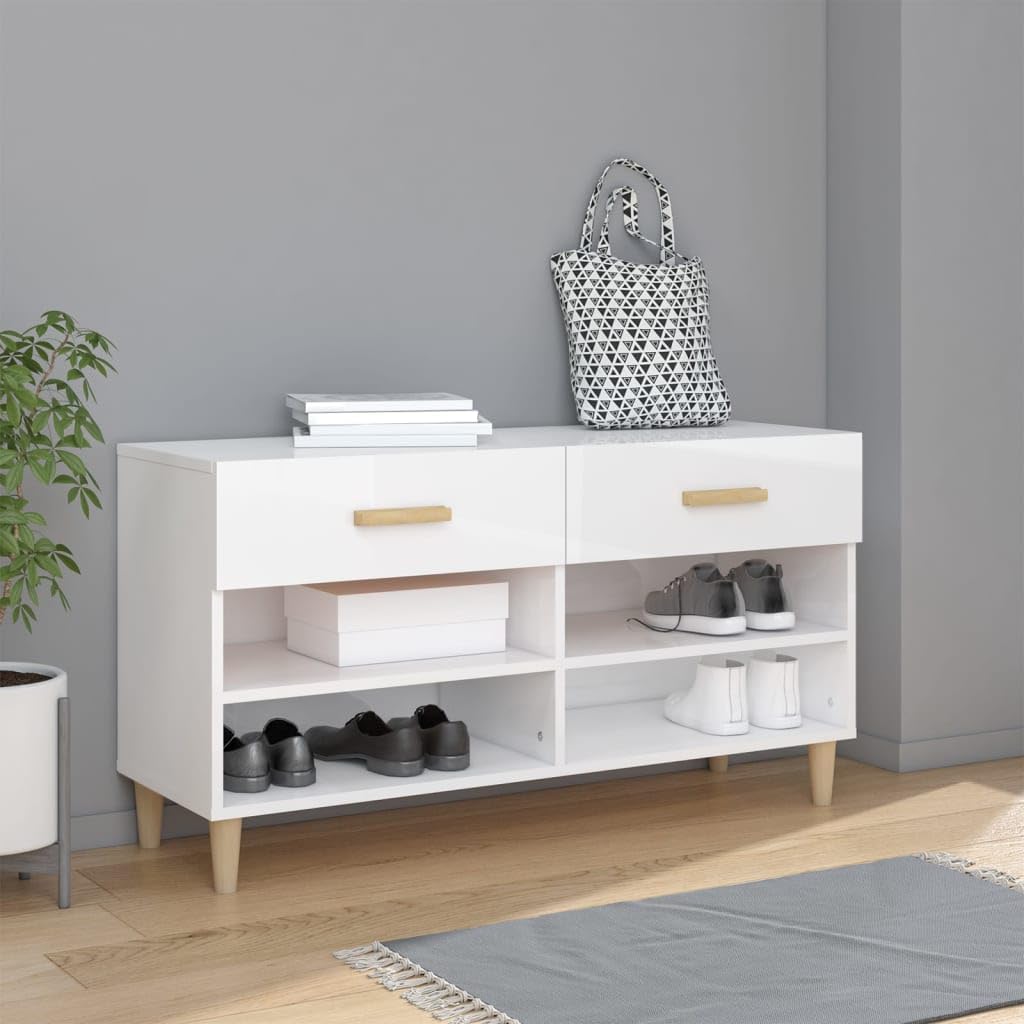 Szafka na buty, wysoki połysk, biały, materiał drewnopochodny, 102 x 35 x 55 cm, z 2 szufladami i 4 przegródkami, zamknięte przechowywanie, wąski organizer na buty do korytarza, przedpokoju