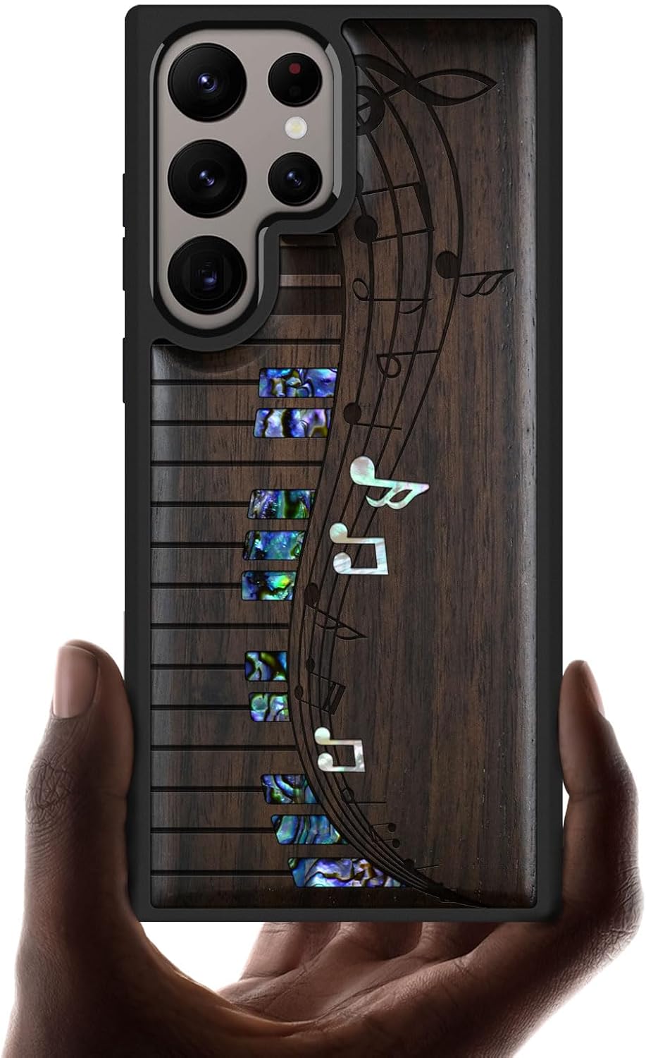 Carveit Designer Wooden Case for Samsung Galaxy S24 Ultra Case [Wood Engraving & Shell Inlay] Compatible with Wireless Chargers S24 Ultra Cover (Melodic Waves-Blackwood)