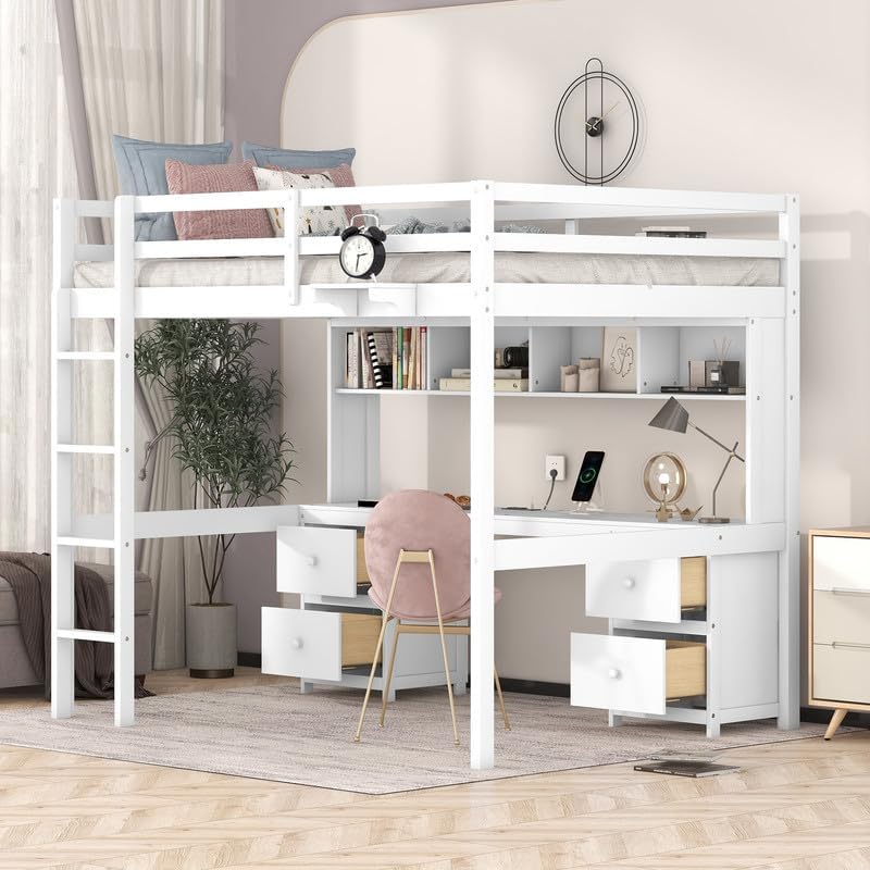 Full Size Loft Bed, Storage Loft Bed with Under-Bed Desk and Cabinets, Space Saving Wooden Full Bed Frame with Charging Station, 4 Drawers and Bedside Tray for Bedroom, White